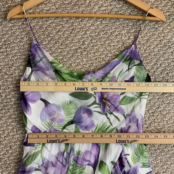 ALICE + OLIVIA White Purple Green Floral Print Cowl Neck Ruffle Slit Dress Sz 0 - Picture 13 of 13